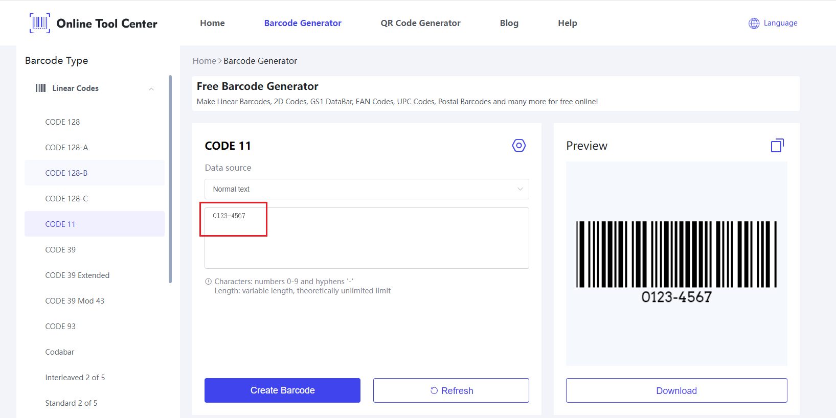 Invoergegevens op Code 11 Barcode Generator.png