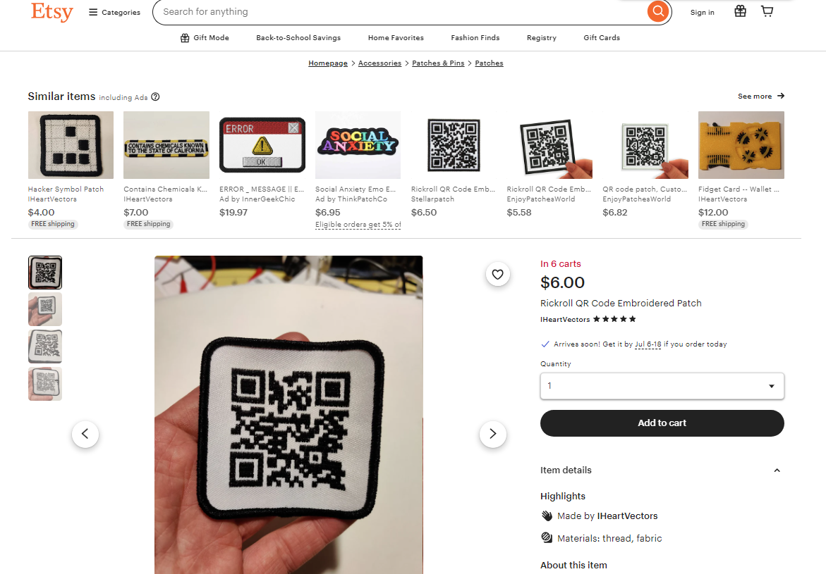 Geborduurde qr code rick roll van Etsy.png